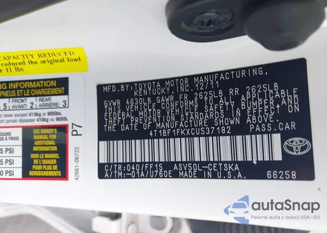 2012 Toyota Camry Se from USA, damaged, VIN 4T1BF1FKXCU537182